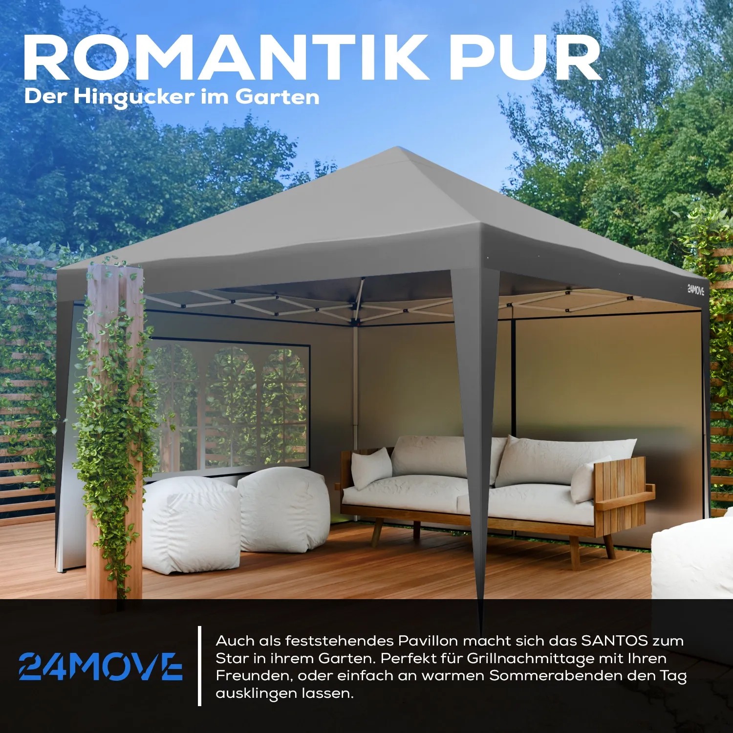 Grauer 24MOVE Pavillon 3x3m mit UV-Schutz und Tasche im Garten, mit Möbeln. Wasserdicht und winterfest.
