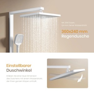 Mattweißes Emke Duschsystem mit Thermostat, Regenduschkopf und Handbrause.