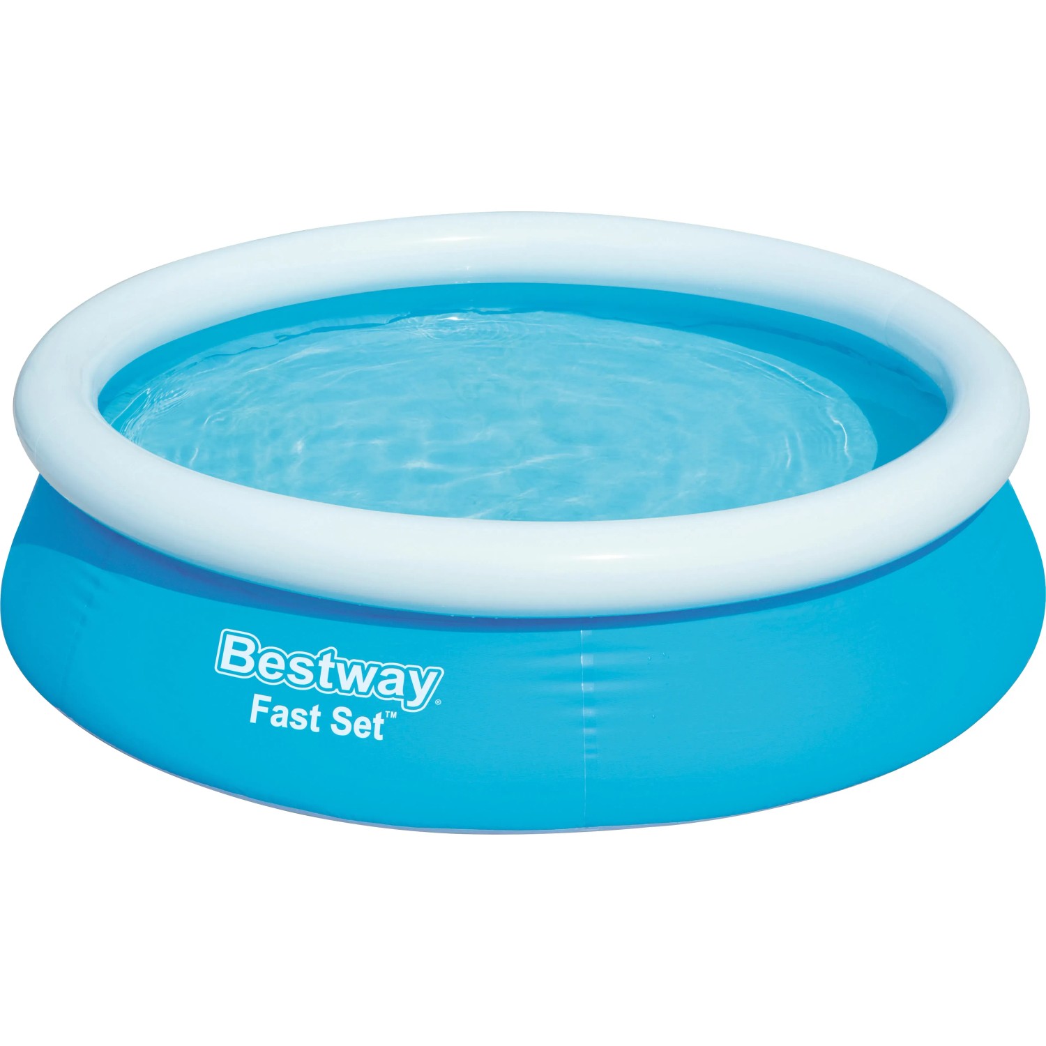 Blauer Bestway Fast Set Aufstellpool, rund, mit weißem Luftring und Wasserfüllung.