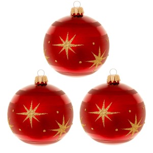 Drei rote Glaskugeln, 8cm, mit goldenen Glitzersternen und Streifen. Weihnachtskugeln 3er-Set für den Baum.