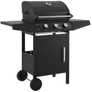 Schwarzer Juskys BBQ Gasgrill Louisiana mit 3 Brennern, Seitenablagen und Unterschrank.