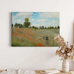 Gemälde mit Blumenwiese auf Leinwand, Kunstdruck in Öloptik für Wohnzimmer und Flur. Sommerliches Wandbild in Grün und Rot.