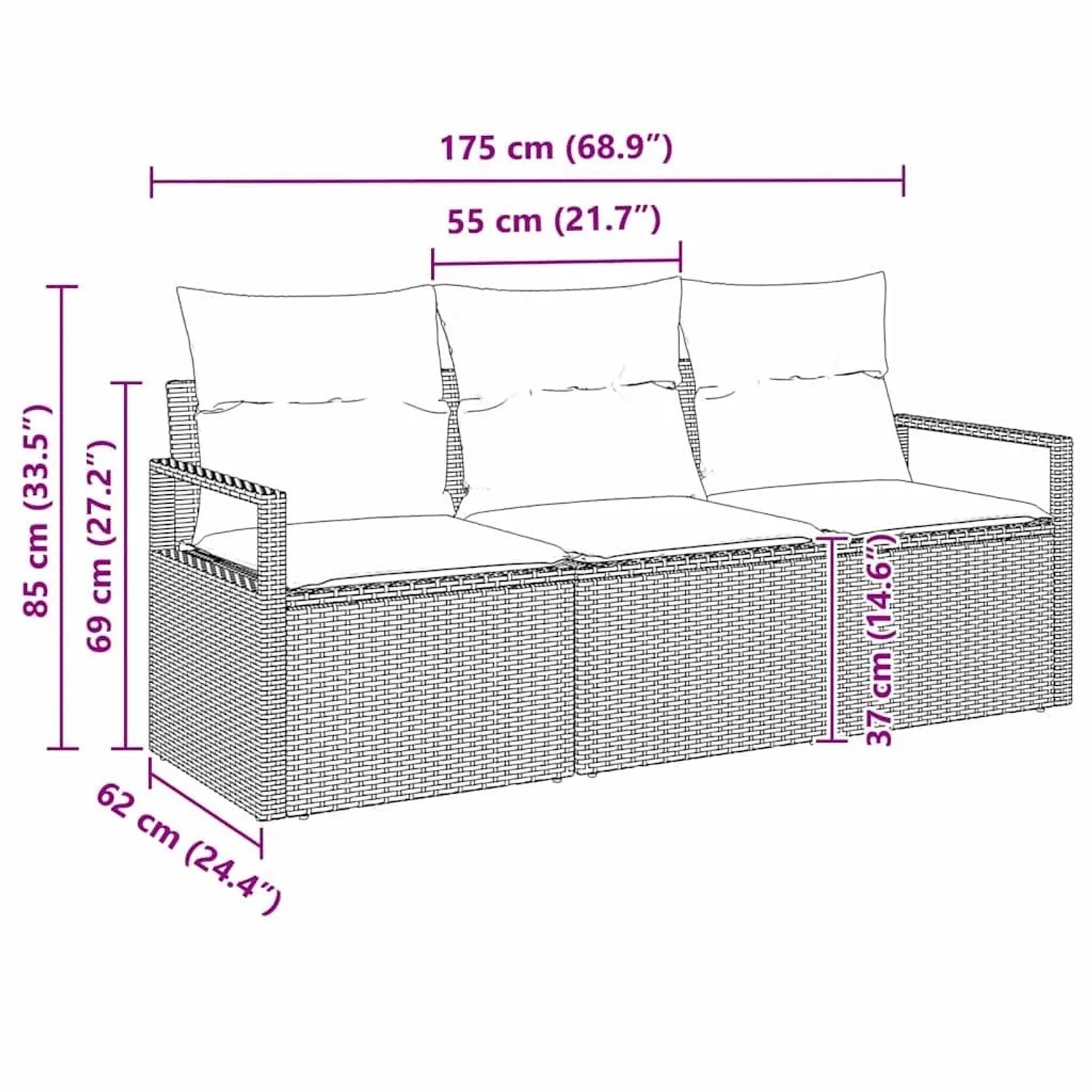 Maßzeichnung des grauen vidaXL Gartensofa-Sets aus Poly-Rattan, 3-teilig, mit Kissen und Maßen 175x62x85 cm.