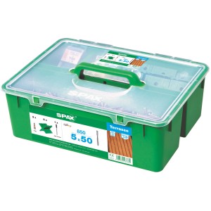 Spax Terrassenschrauben Zylinderkopf im grünen Aufbewahrungsbehälter.