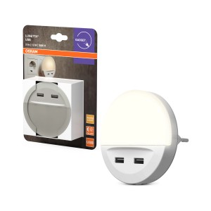 Osram LED-Nachtlicht Lunetta USB, 3000K, mit USB-Anschlüssen und Tag-/Nachtsensor.