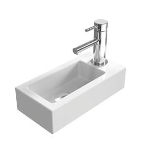 Rechteckiges, hochweißes Emke Wandwaschbecken aus Keramik mit Hahnloch rechts.