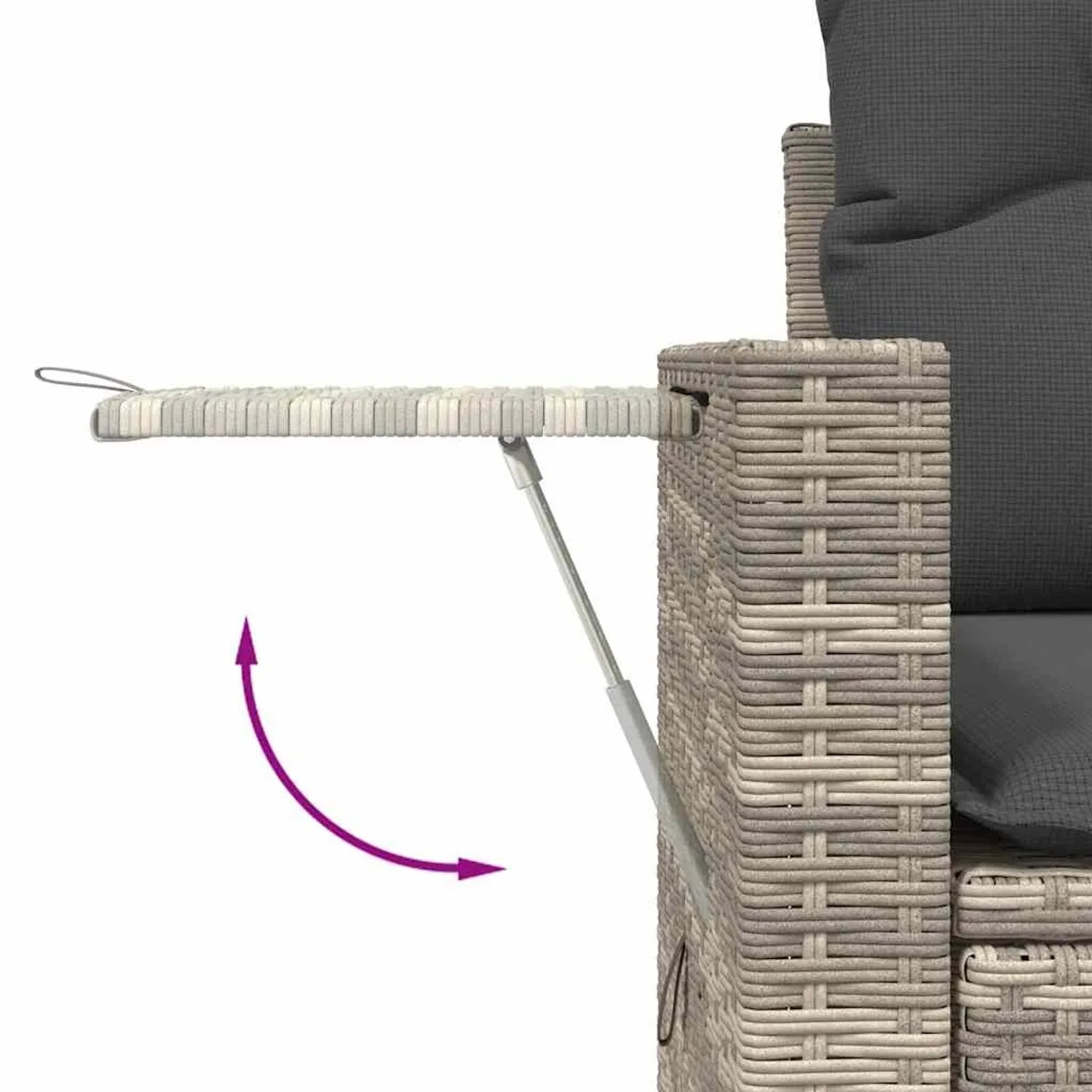 Detailaufnahme: Hellgraue Rattan Garten-Sofagarnitur mit ausklappbarem Seitentisch.