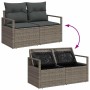 Graues vidaXL Poly-Rattan Gartensofa mit dunklen Kissen und aufklappbarem Speicher. Teil eines 3-tlg. Gartenmöbel-Sets.