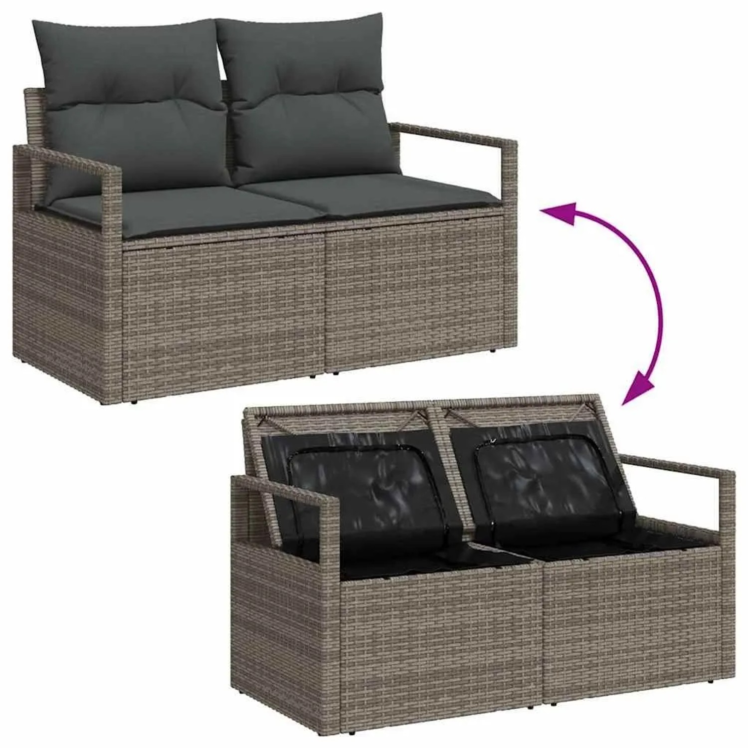 Graues vidaXL Poly-Rattan Gartensofa mit dunklen Kissen und aufklappbarem Speicher. Teil eines 3-tlg. Gartenmöbel-Sets.