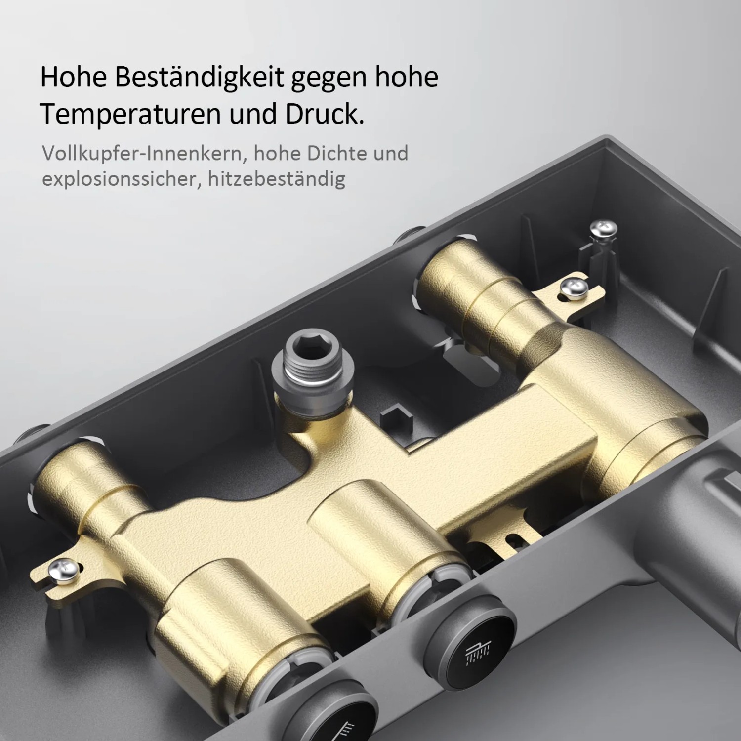 Detailaufnahme des Thermostats vom Emke Duschsystem in Anthrazit Matt, zeigt Innenleben und Anschlüsse.