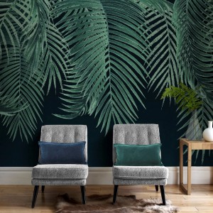 Art for the Home Fototapete Yuna, 280x300 cm, mit grünen Blättern auf dunklem Hintergrund.