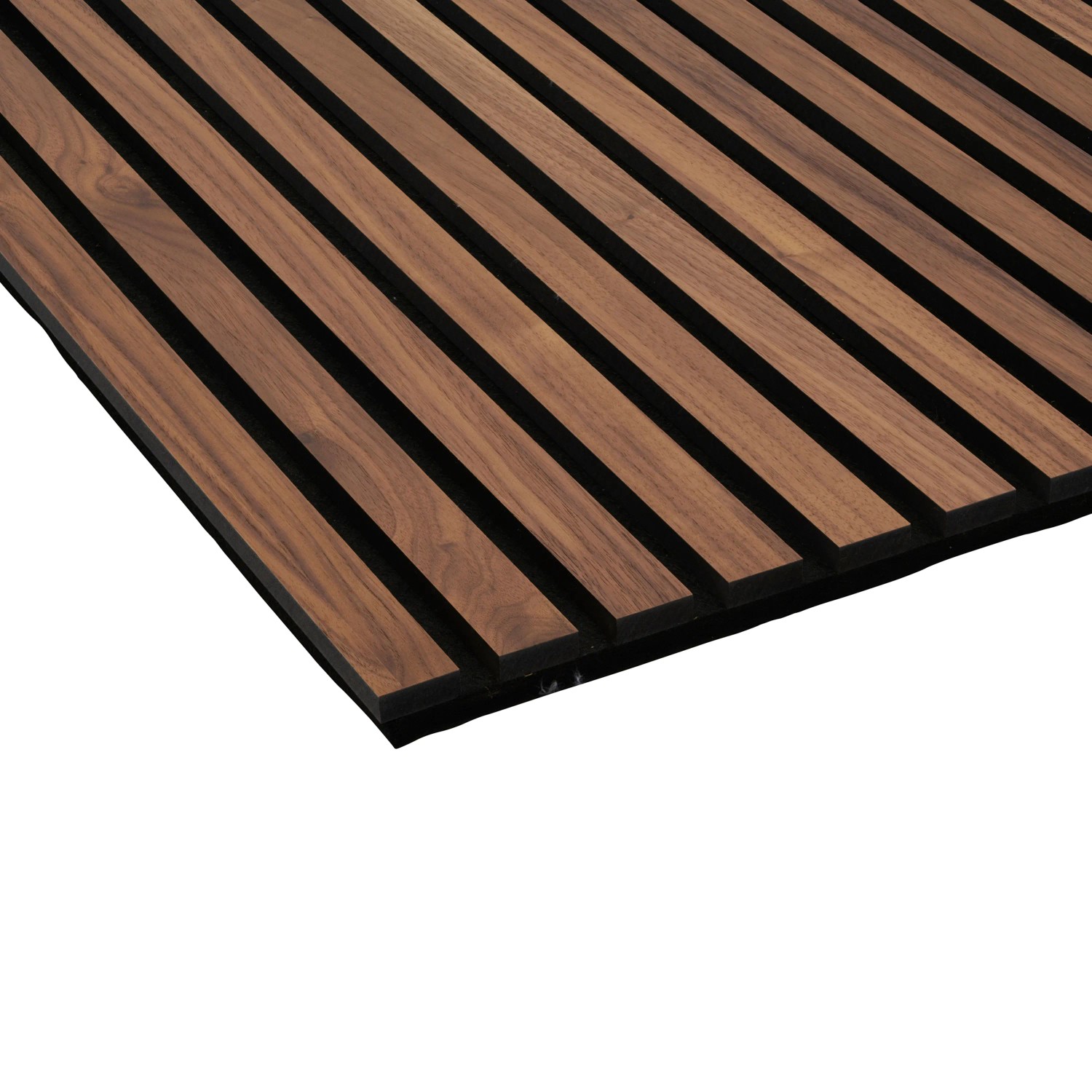 Akustikpaneel Wandverkleidung Walnuss geölt mit schwarzen MDF-Leisten und Akustikfilz.