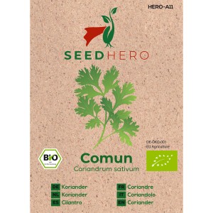Seedhero BIO Koriander Comun Samenpackung mit Korianderzweig.