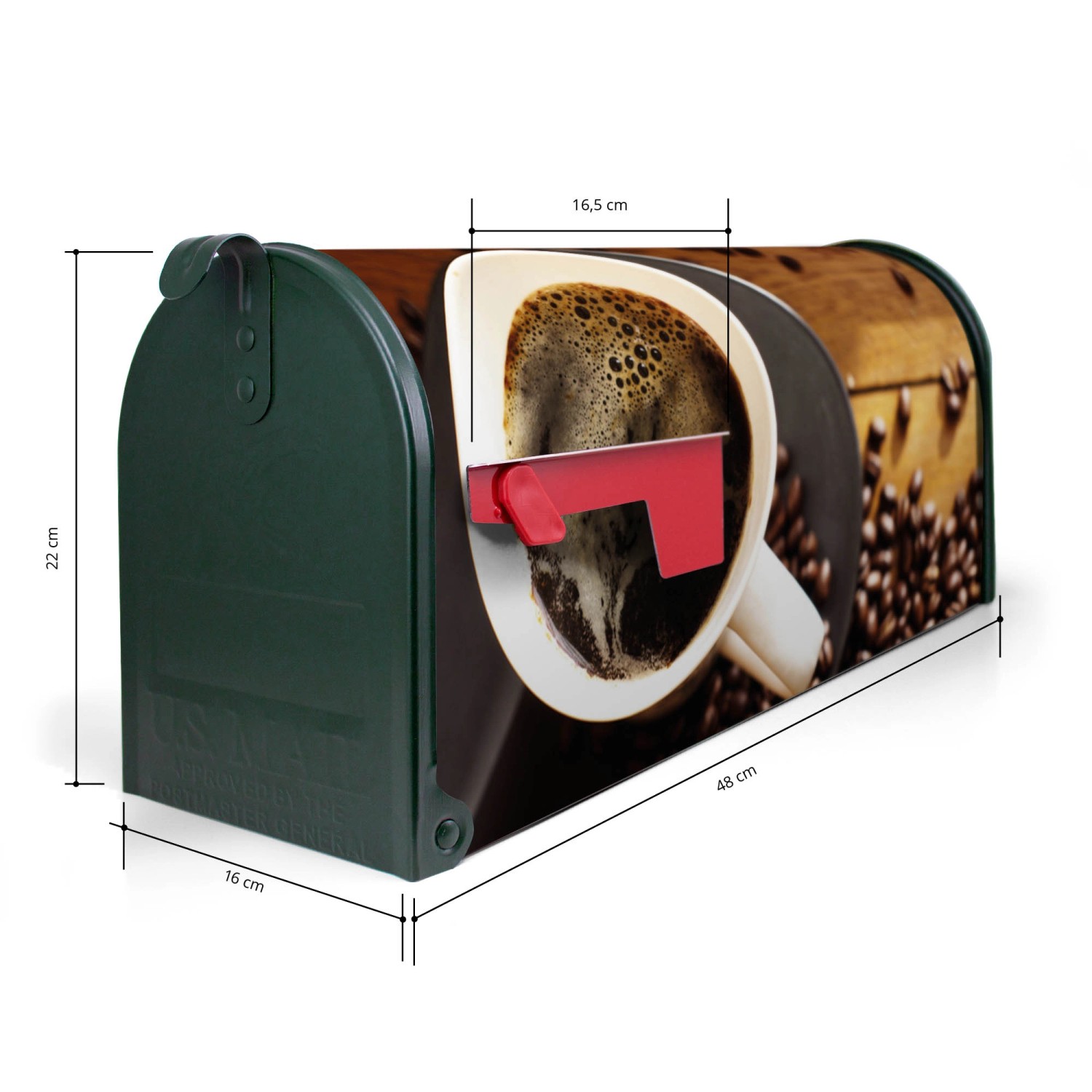Grüner Banjado US Briefkasten mit Kaffee&Schokolade Motiv, 48x22x16cm.