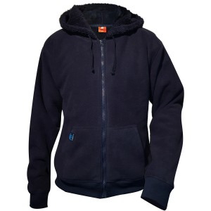 Marineblaue Herren Fleecejacke Borg in Größe M mit Kapuze und durchgehendem Reißverschluss.