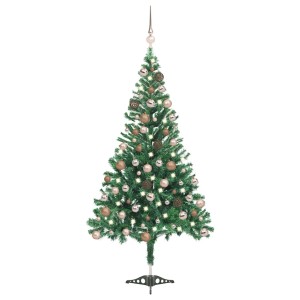 Geschmückter, künstlicher Weihnachtsbaum mit roségoldenen Kugeln und LED-Beleuchtung, 180 cm hoch.
