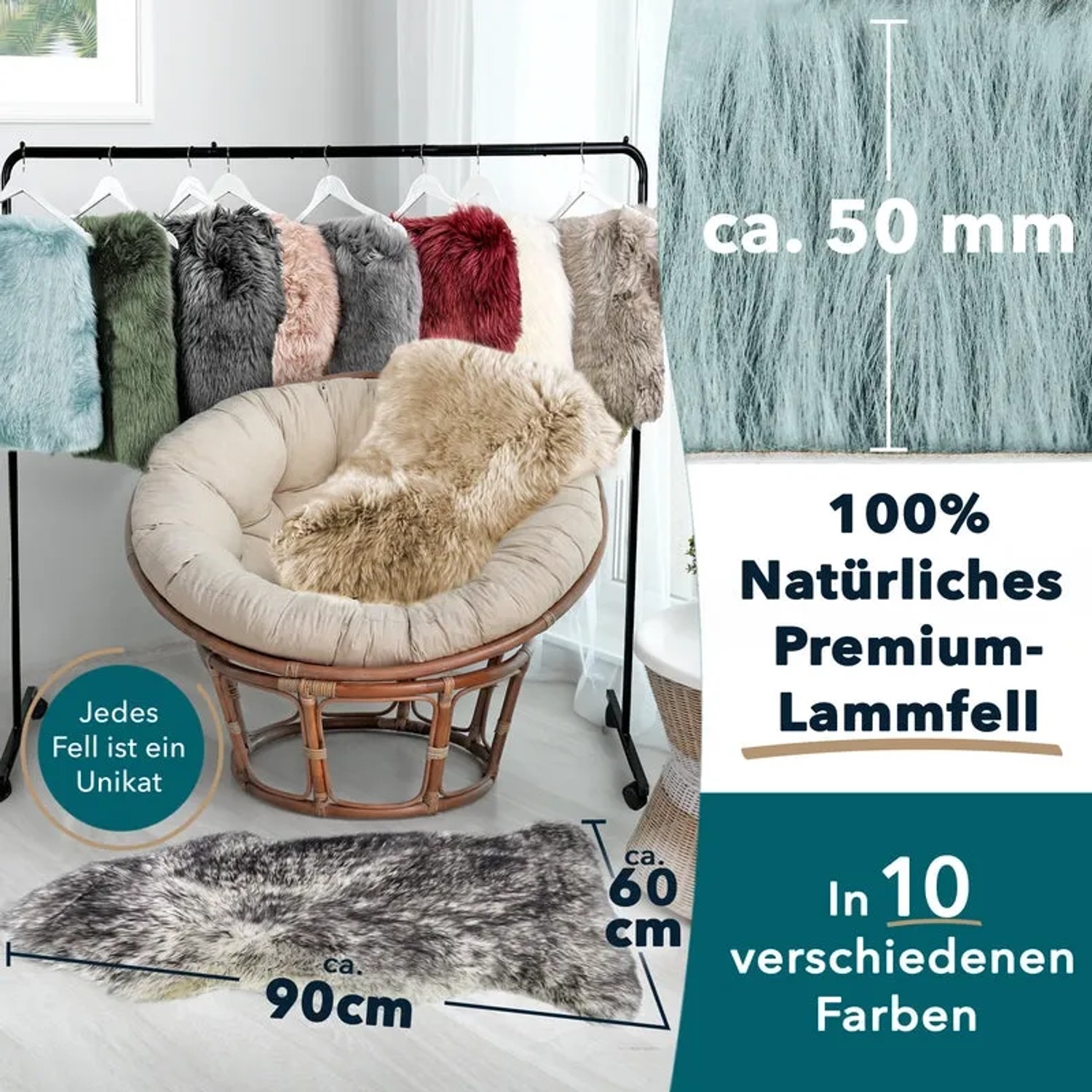 KARAT Schaffell Audrey in Duck Egg Farbe, verschiedene Farben und Größen dargestellt.