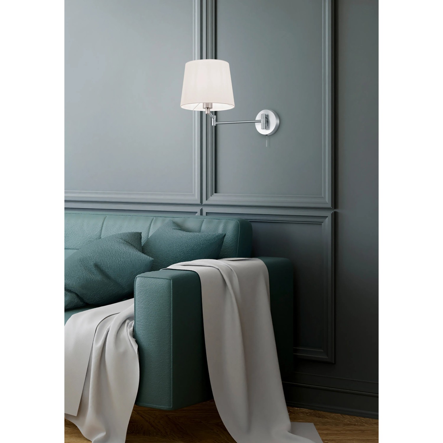 Wandleuchte Lyon in Nickel matt mit weißem Stoffschirm, flexible Schlafzimmerlampe.