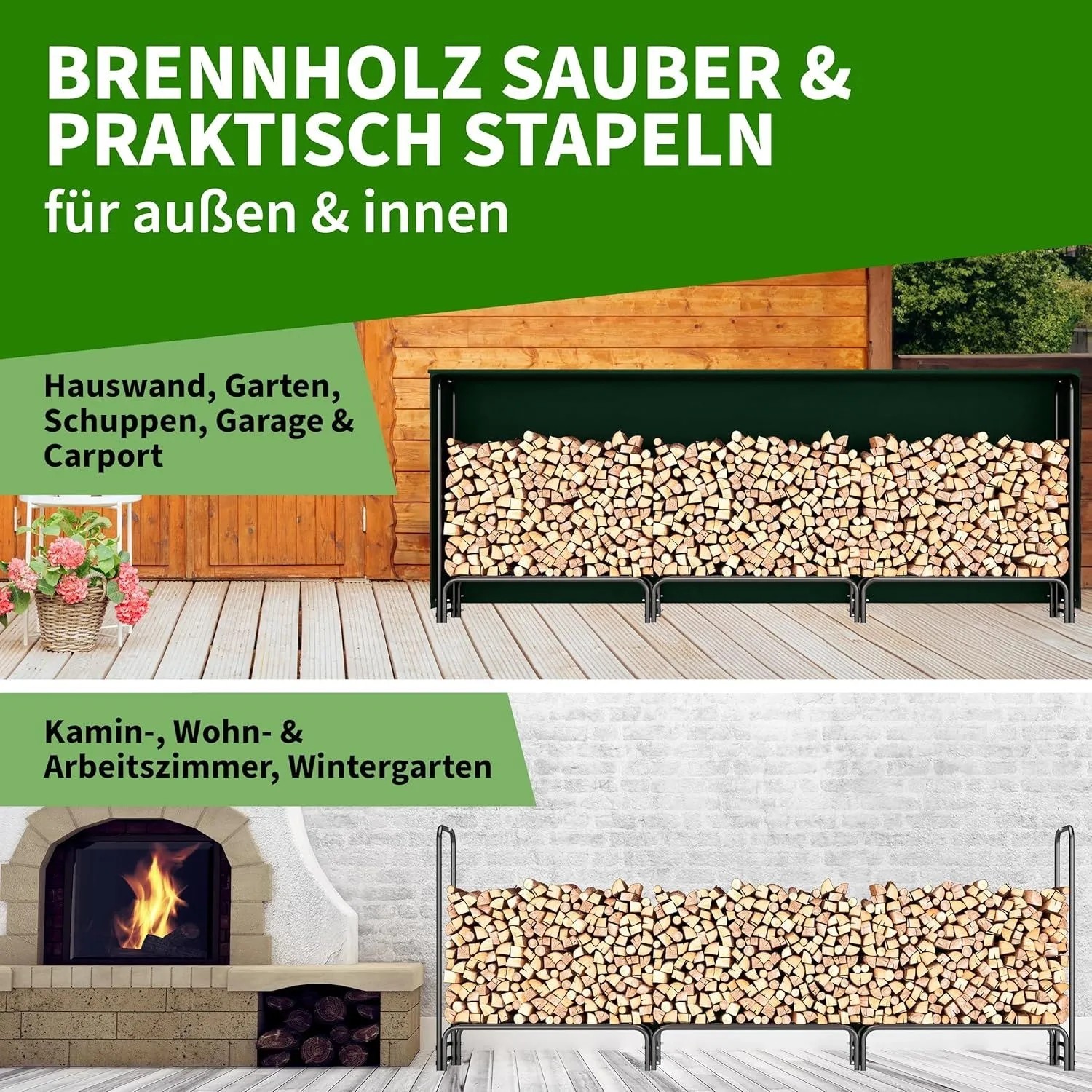 TTL GARDEN Kaminholzregal mit Holzscheiten, für Innen- und Außenbereich.