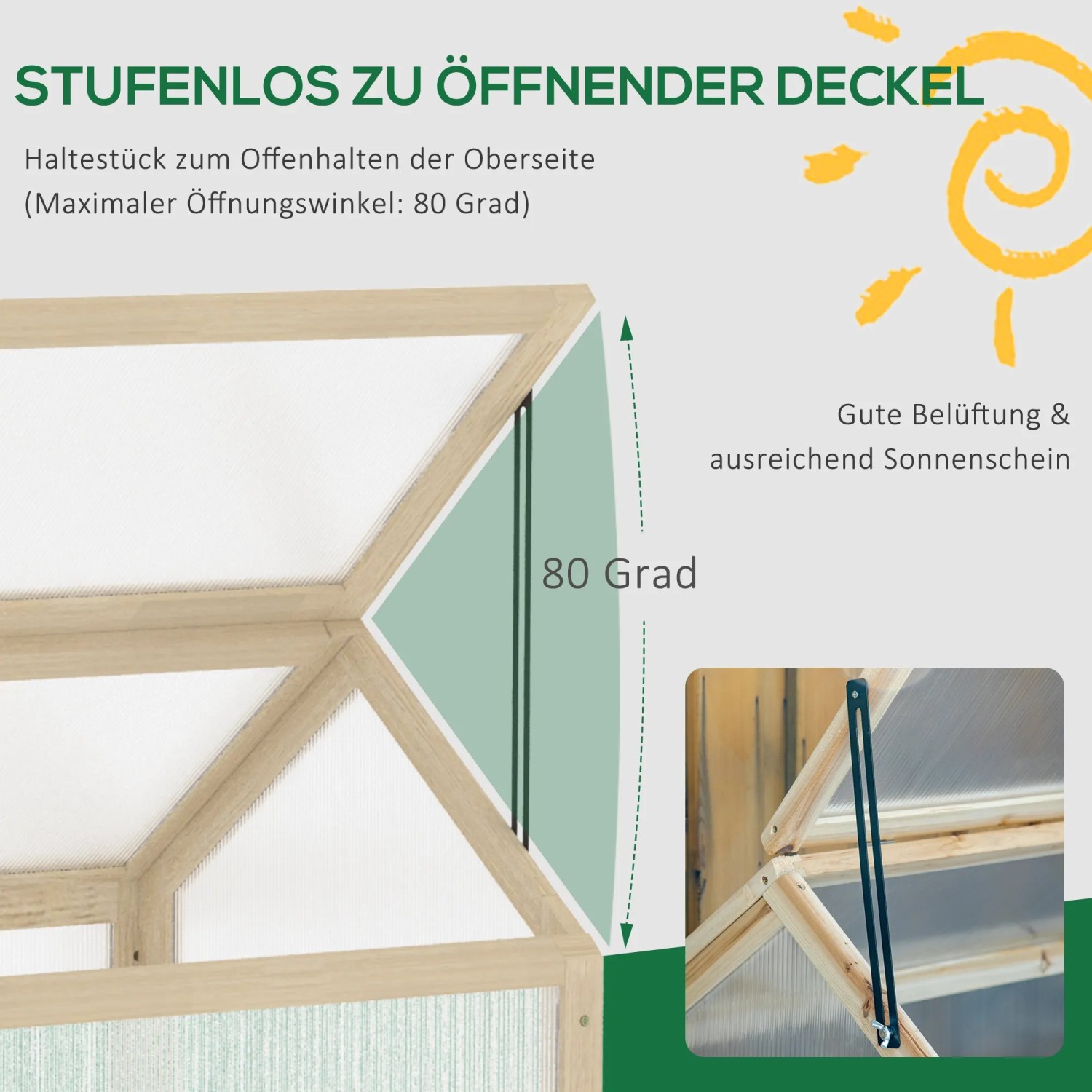 Detailaufnahme: Outsunny Gewächshaus aus Tannenholz mit geöffnetem Dachfenster für gute Belüftung.