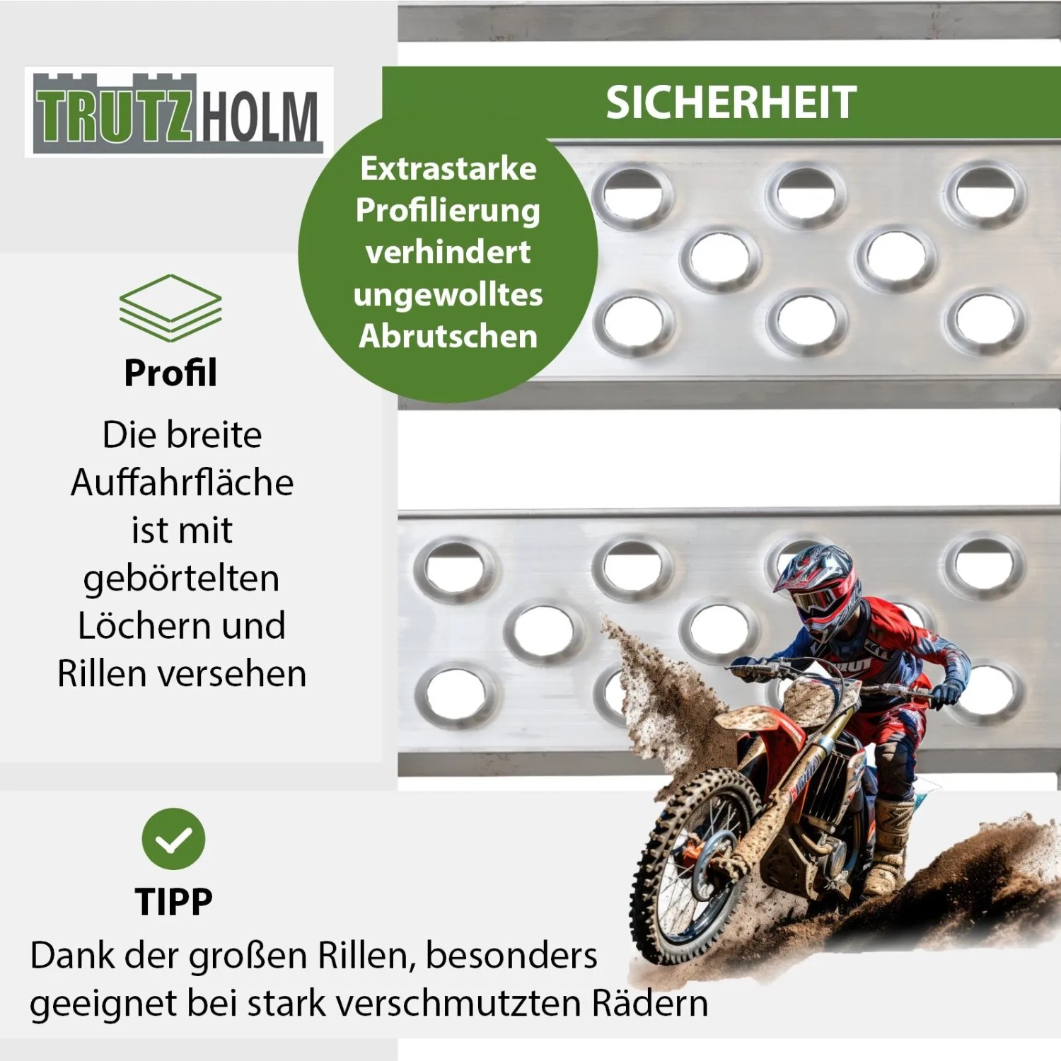 TRUTZHOLM Auffahrrampe, klappbar, mit Anti-Rutsch-Profil für sicheres Verladen von Motorrädern.