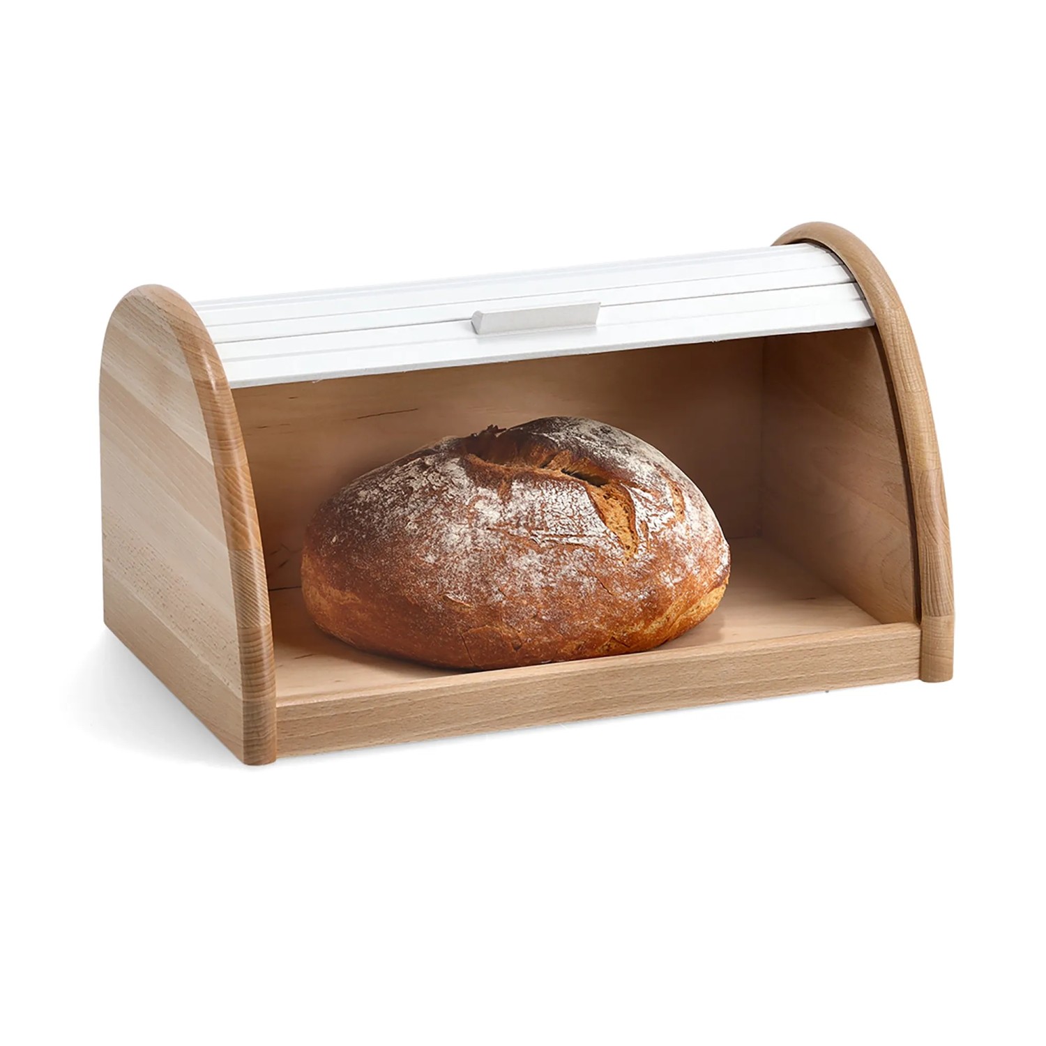 Zeller Rollbrotkasten aus Buche, weiß, mit Brotlaib. Küchenhelfer zur Aufbewahrung.