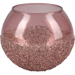 Pinkfarbener Teelichthalter aus Glas mit Glitter-Bordüre, 10 cm hoch, Ø 11 cm.