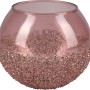 Pinkfarbener Teelichthalter aus Glas mit Glitter-Bordüre, 10 cm hoch, Ø 11 cm.