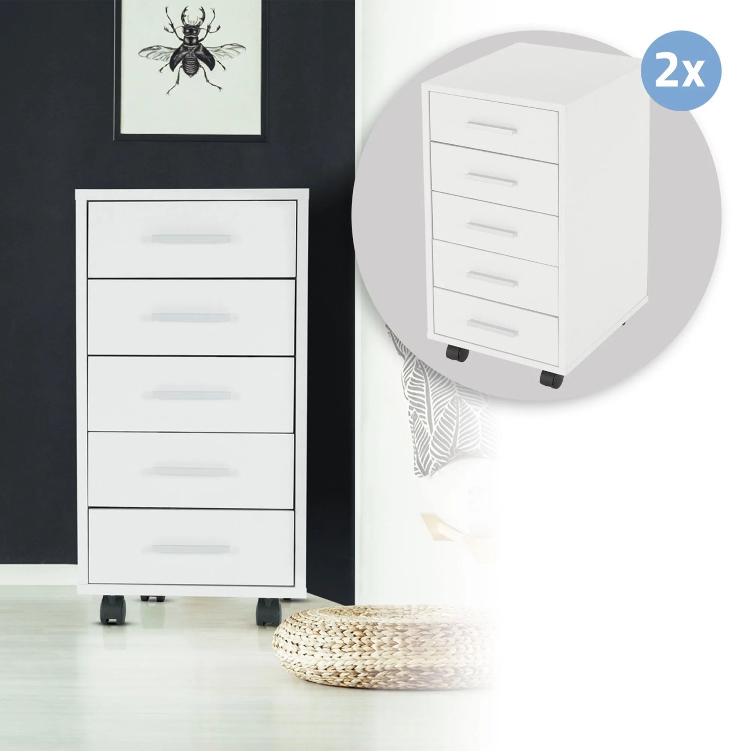 Set aus 2 weißen ML-Design Rollcontainern mit je 5 Schubladen, Aluminiumgriffen und Rollen. Mobile Büroschränke.