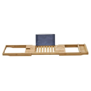 Svita Ori Badewannenablage aus hellem Bambus, ausziehbar, mit Tablet- und Getränkehalter. Multifunktionales Badewannen-Zubehör.