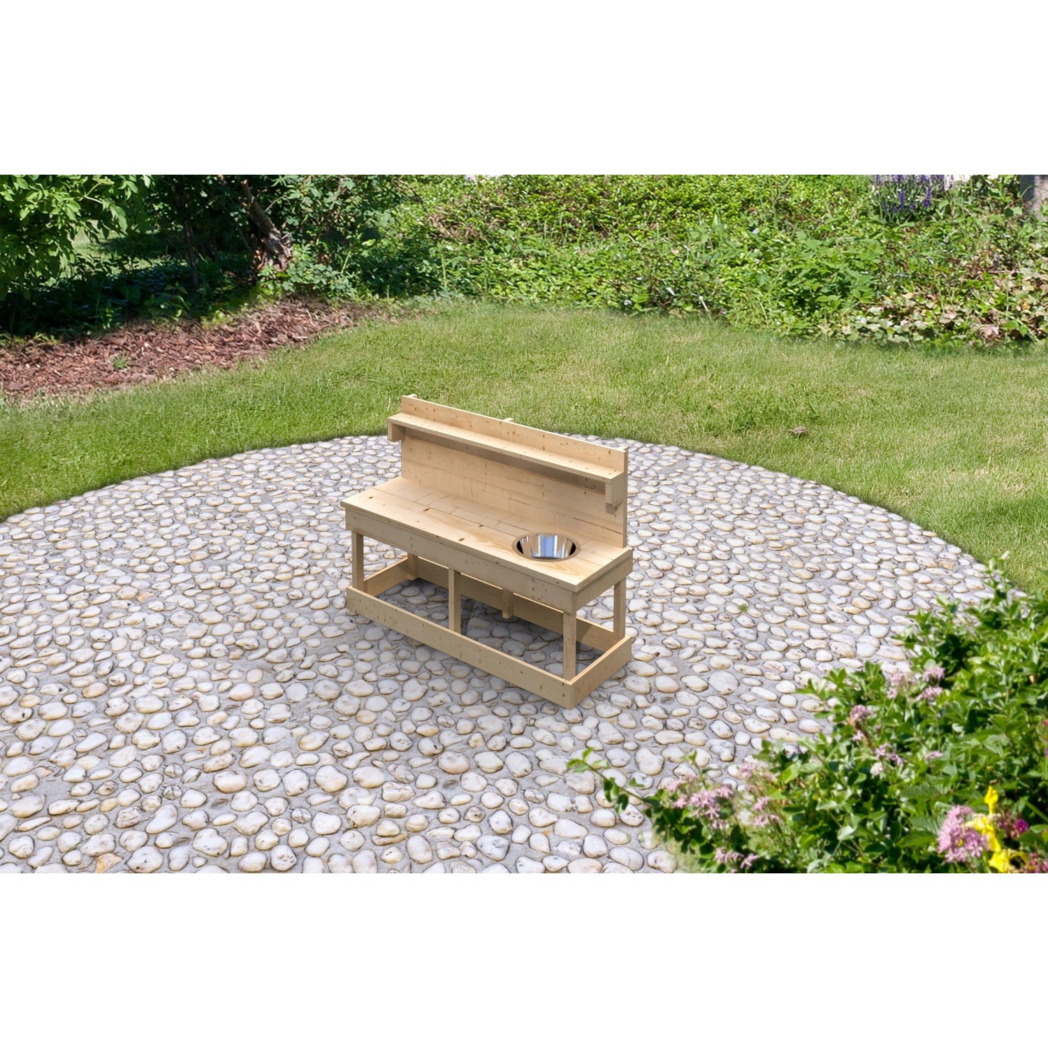 Karibu Matschküche Sandy, naturbelassen, mit Topfset. Ideal für kreatives Spielen im Garten.