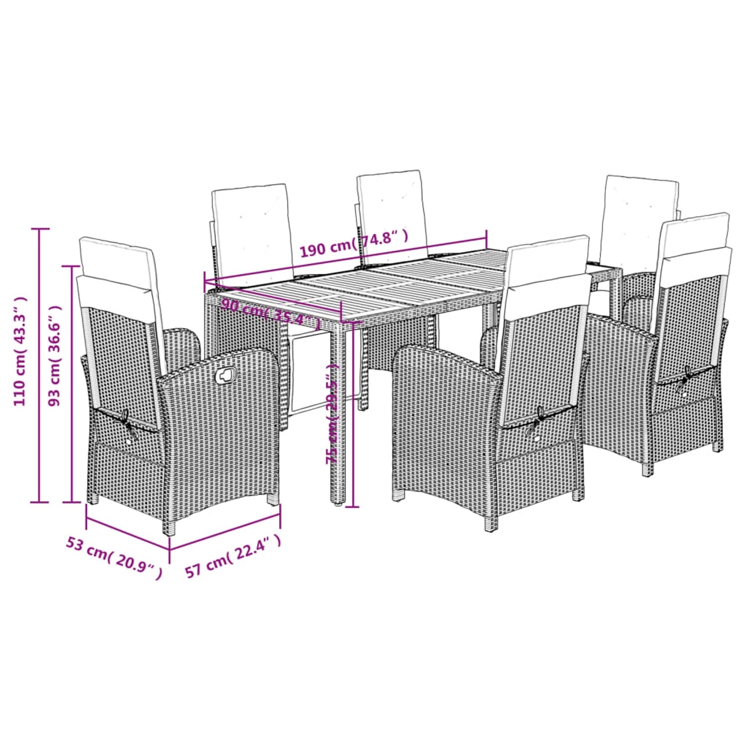 vidaXL 7-tlg. Garten-Essgruppe mit schwarzen Poly Rattan Stühlen, Tisch und cremeweißen Kissen.