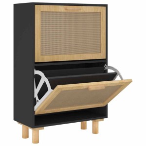 Schwarzer vidaXL Schuhschrank mit Rattan-Details, zwei Klappen offen.