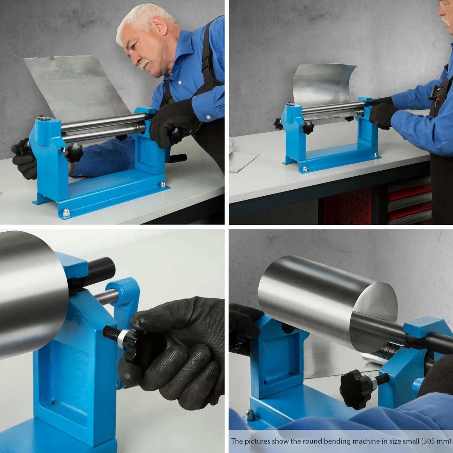 EBERTH Rundbiegemaschine für Bleche bis 1300mm, blaue Walzmaschine in Aktion.
