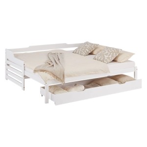 Weißes Tagesbett aus Holz, ausziehbar zum Doppelbett, mit Bettkasten und Matratzen.