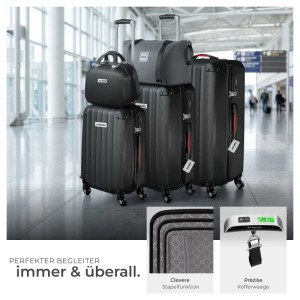 Tectake Hartschalenkoffer Set Cleo: Schwarze ABS-Hartschalenkoffer, Beautycase, Reisetasche, Teleskopgriff, Rollen, TSA-Schloss.