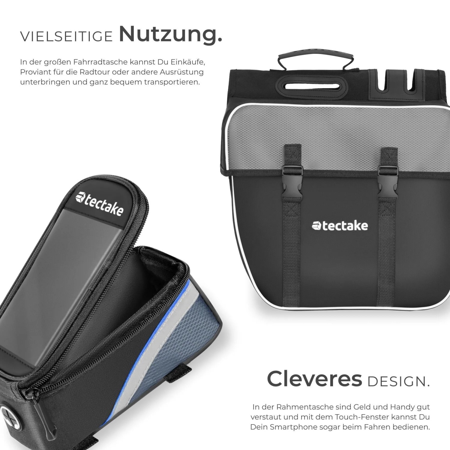 Tectake Fahrradtaschen Set: Gepäckträger- und Rahmentasche für Radtouren, wasserabweisend, mit Reflektoren.
