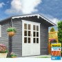 Xyladecor Holzschutz-Lasur 2in1 Grau matt 4l vor Gartenhaus, Blumen.