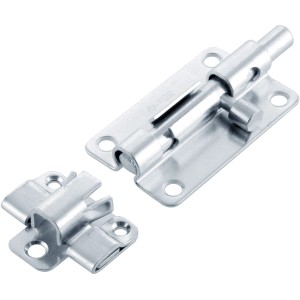 AjustLock Bolzenriegel, blau verzinkt, 100 mm, mit verstärkter Platte und Vorhangschloss-Option.