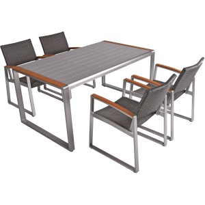 5-teiliges Gartenmöbel-Set Ava in Silber: Tisch mit Glasplatte und vier Stühle mit Armlehnen.