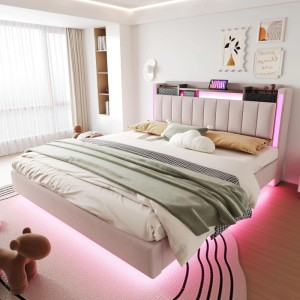 Beiges Polsterbett 160x200 mit LED-Beleuchtung, USB-Anschluss und Stauraum im Kopfteil.