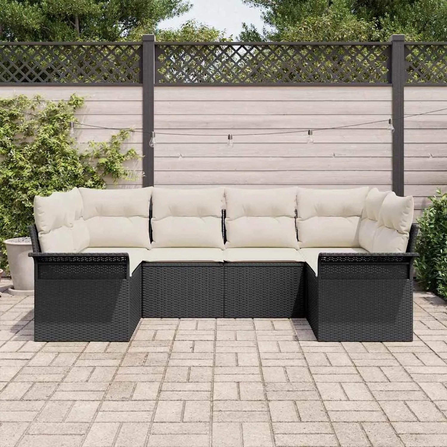 vidaXL Garten-Sofa-Set, 6-teilig, schwarz, Poly Rattan mit Kissen.