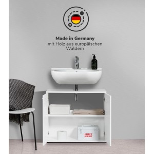 Weißer mokebo Waschbeckenunterschrank 'Der Waschbär' mit offenem Stauraum und Waschbecken.