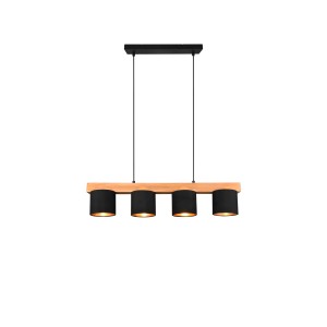 Moderne 4-flammige Pendelleuchte Cameron mit Holz und schwarzen Stoffschirmen für den Essbereich.