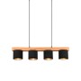 Moderne 4-flammige Pendelleuchte Cameron mit Holz und schwarzen Stoffschirmen für den Essbereich.