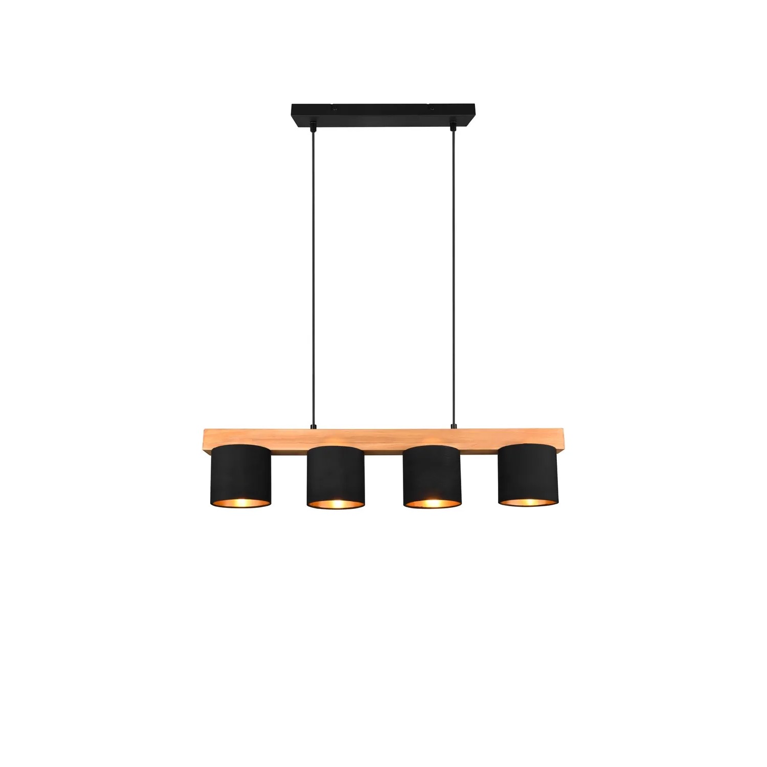 Moderne 4-flammige Pendelleuchte Cameron mit Holz und schwarzen Stoffschirmen für den Essbereich.