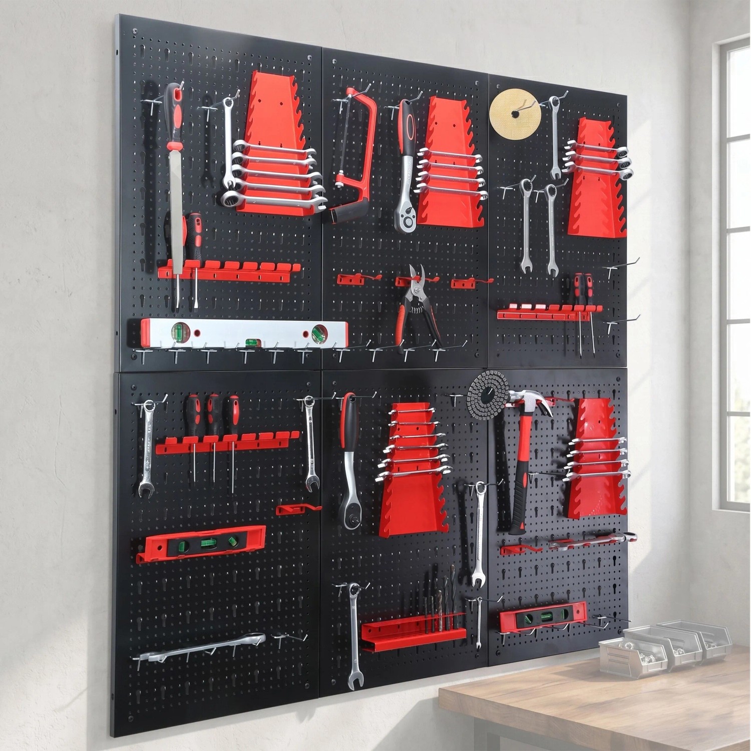 Schwarze Stahl Werkzeuglochwand mit roten Haltern, organisiertes Werkzeug für Werkstatt und Garage.