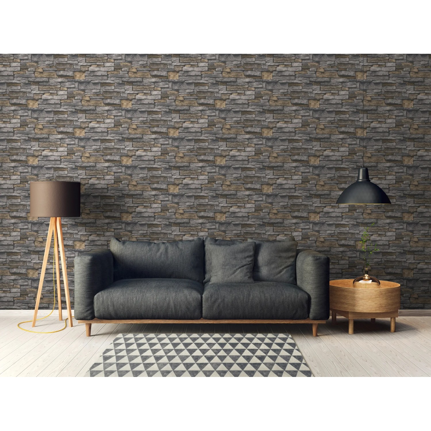 A.S. Création Vliestapete Steinmauer Schieferoptik grau-braun im Wohnzimmer.