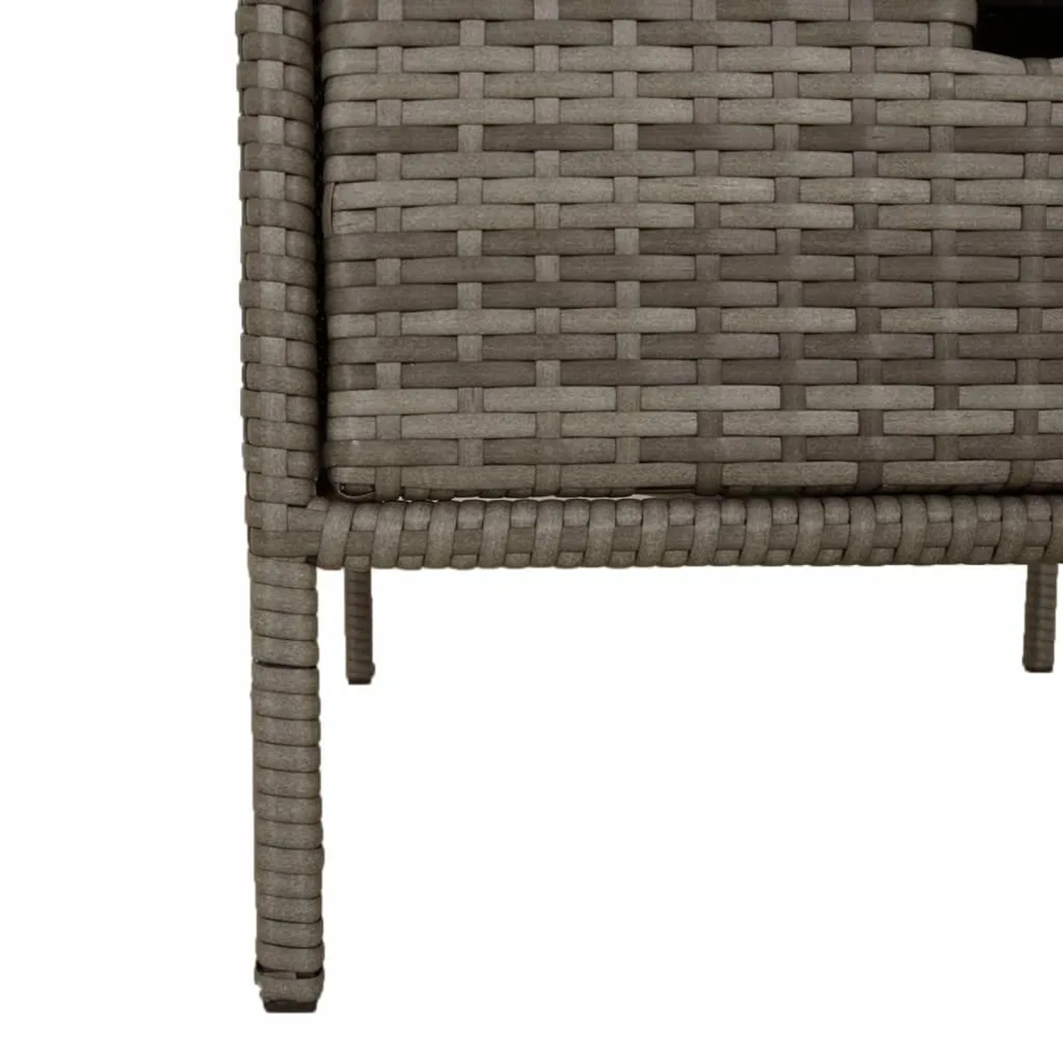 Detailansicht: Grauer VidaXL Gartenschrank aus Poly Rattan mit Stahlrahmen und Füßen.