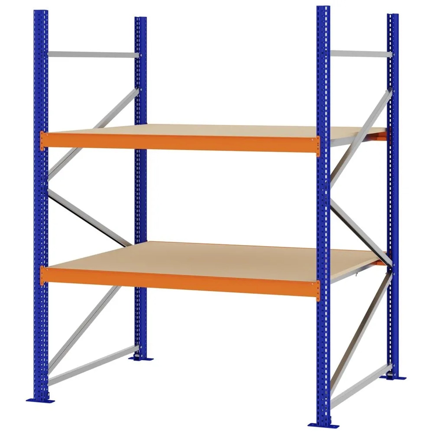 PROREGAL Weitspannregal Schraub-Stecksystem MAGNUS PRO Made In Germany Grundregal 200x150x100cm 2 Ebenen Spanplattenböden Fachlast 750kg Blau/Orange